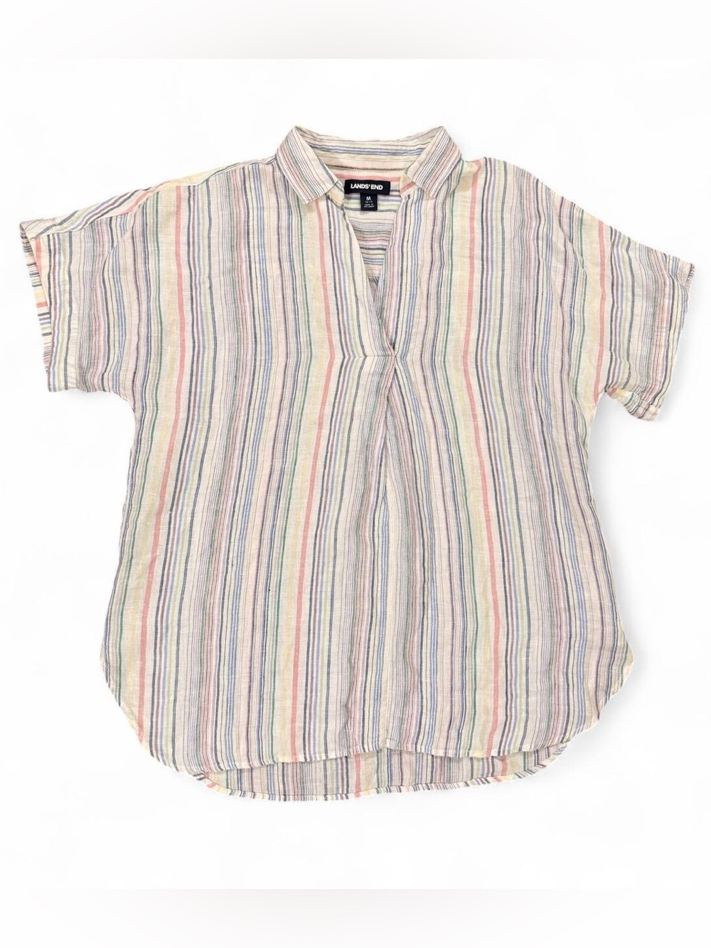 Lands’ End 100% Linen Pastel Striped Top Women’s Size M Lightweight Summer Shirt